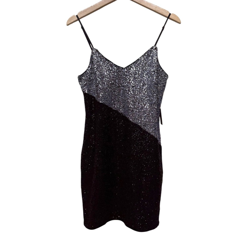 Express Sequin Mini Dress Women Sz S Black‎ Silver Sleeveless Bodycon Formal